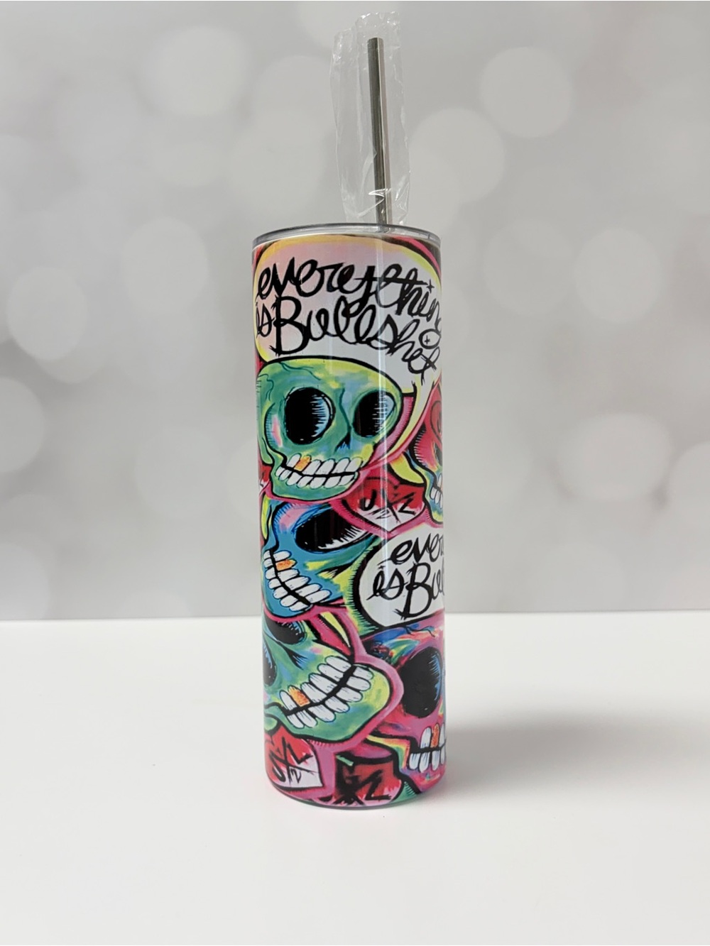 NWOT Skull Graffiti Skinny Tumbler 'Everything Is Bull...'  w/ Stainless Straw